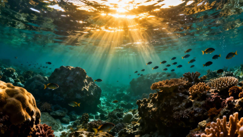 阳光穿透海底珊瑚世界图片