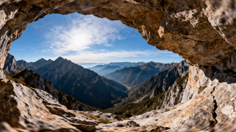 山巅洞穴望群峰图片