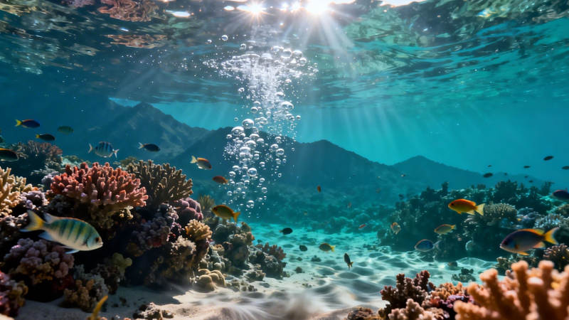 海底珊瑚鱼群阳光穿透图片