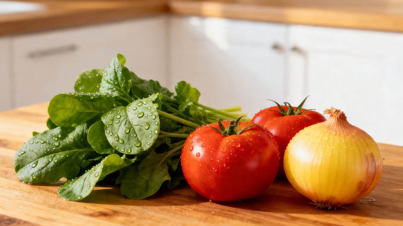 新鲜蔬菜 菠菜 番茄 洋葱图片