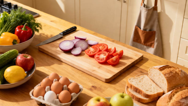 厨房备菜 蔬果蛋面包齐备图片