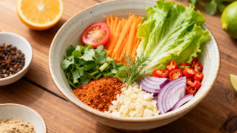 新鲜蔬菜沙拉配香料图片