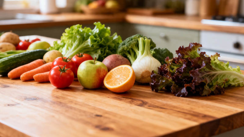 新鲜蔬果摆满木案板图片