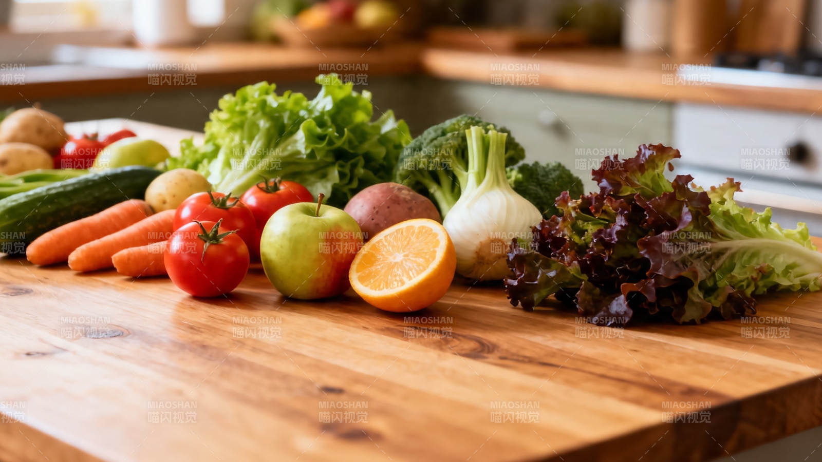 新鲜蔬果摆满木案板图片