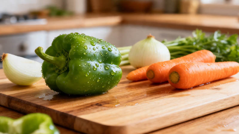 新鲜蔬菜待切 厨房准备中图片