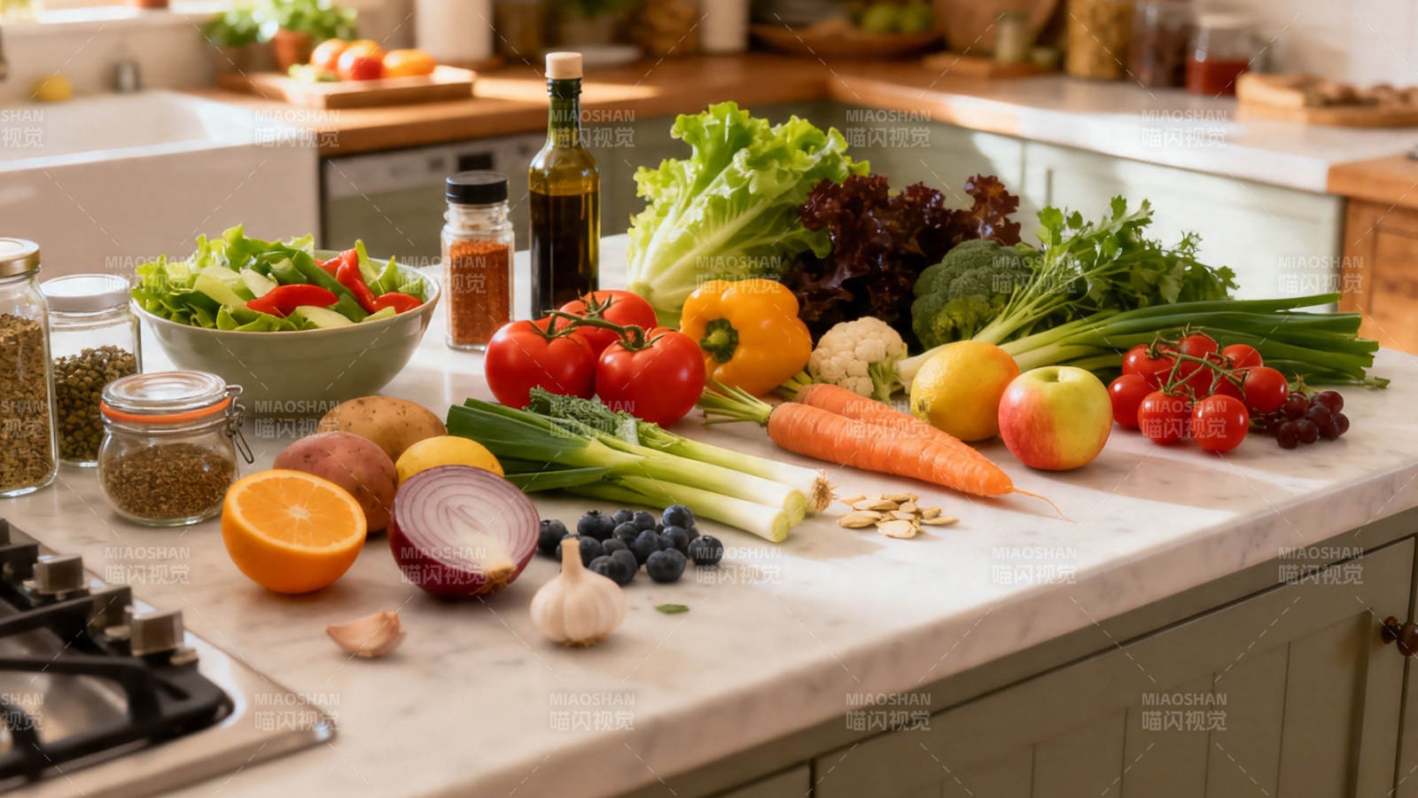 厨房台面摆满新鲜蔬果图片