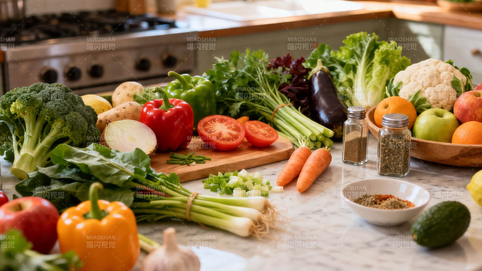 新鲜蔬果摆满厨房台面图片