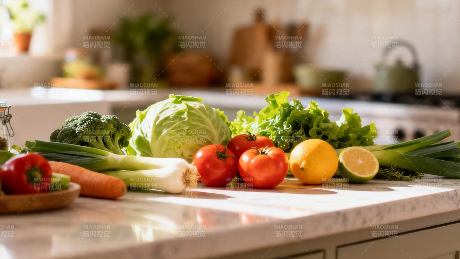 新鲜蔬果摆满厨房台面图片