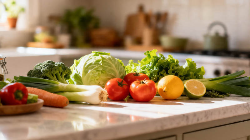 新鲜蔬果摆满厨房台面图片