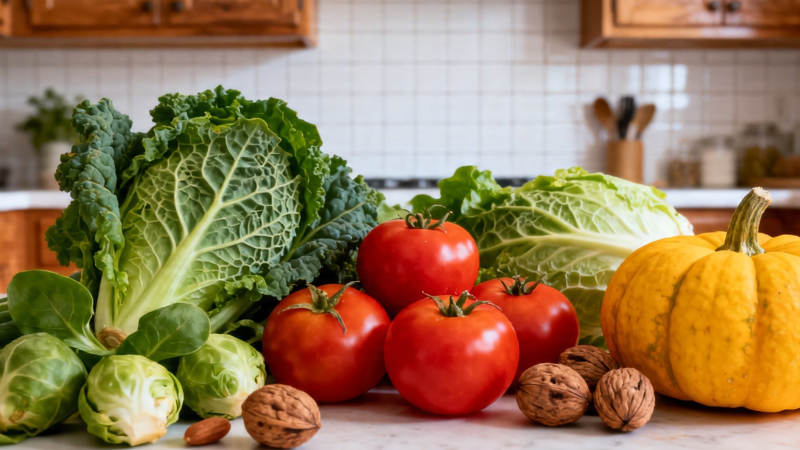 秋日丰收 蔬果坚果满桌香图片