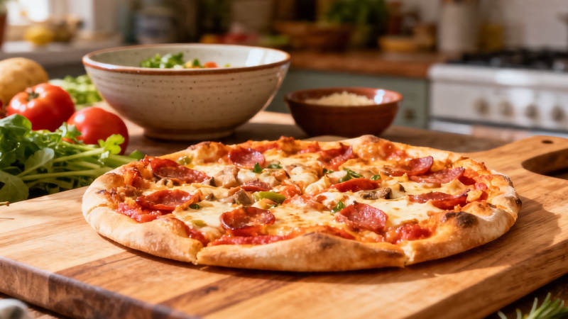 木盘上的意式披萨图片