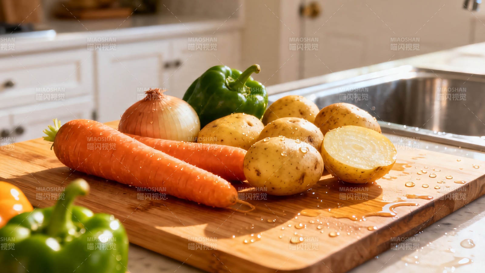 新鲜蔬菜摆砧板 厨房待烹饪图片