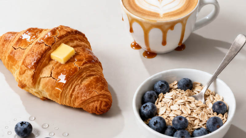 咖啡羊角包蓝莓燕麦早餐图片
