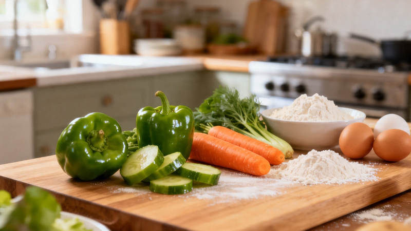 厨房备菜 青椒胡萝卜面粉鸡蛋图片