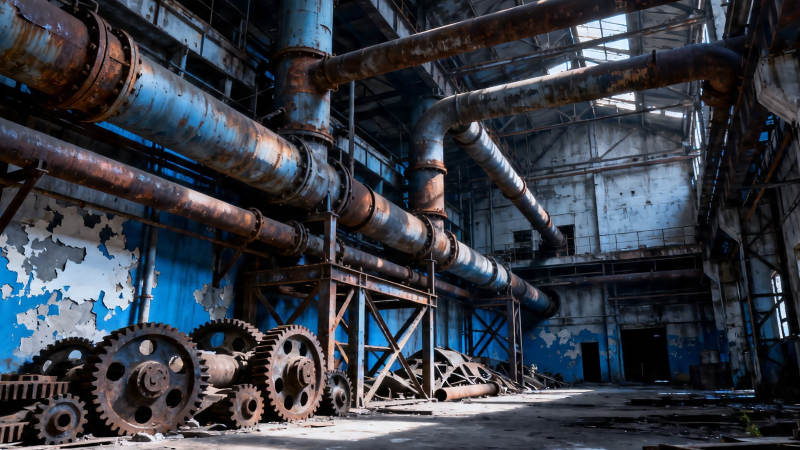 废弃工厂锈迹斑斑的管道与齿轮图片