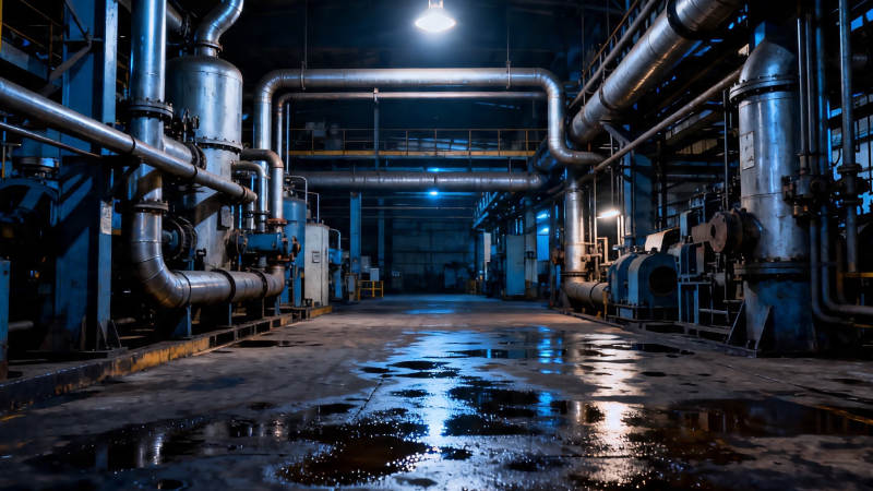 工业管道夜景 湿漉地面反光图片