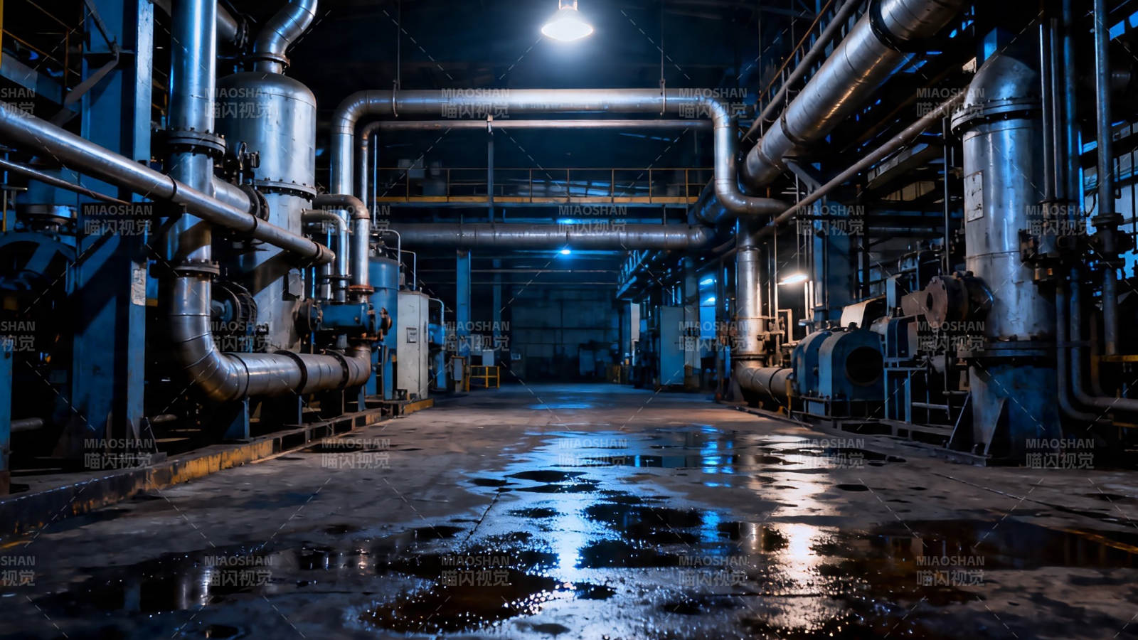 工业管道夜景 湿漉地面反光图片