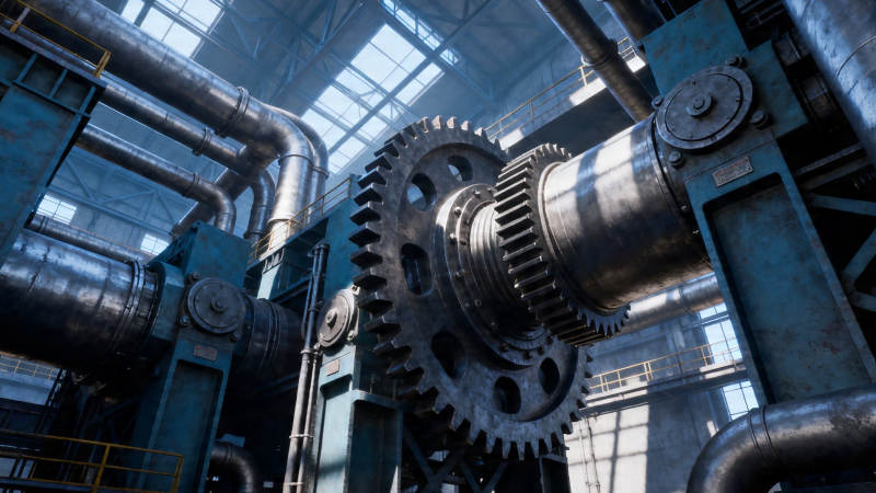 工业齿轮与管道机械场景图片