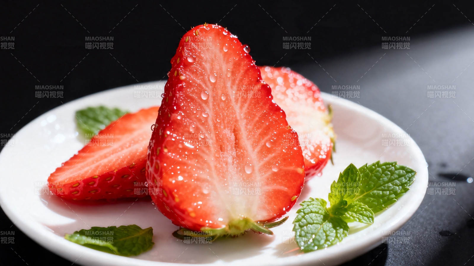 草莓切片配薄荷 清新诱人图片