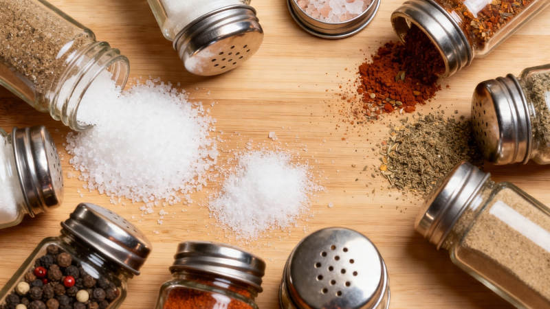 调味瓶环绕木桌撒香料图片