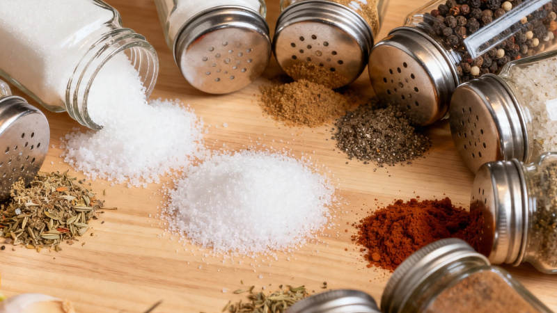 调味瓶与香料散落木桌图片