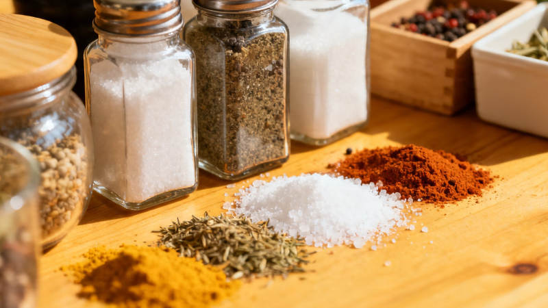 香料与盐的木质台面展示图片