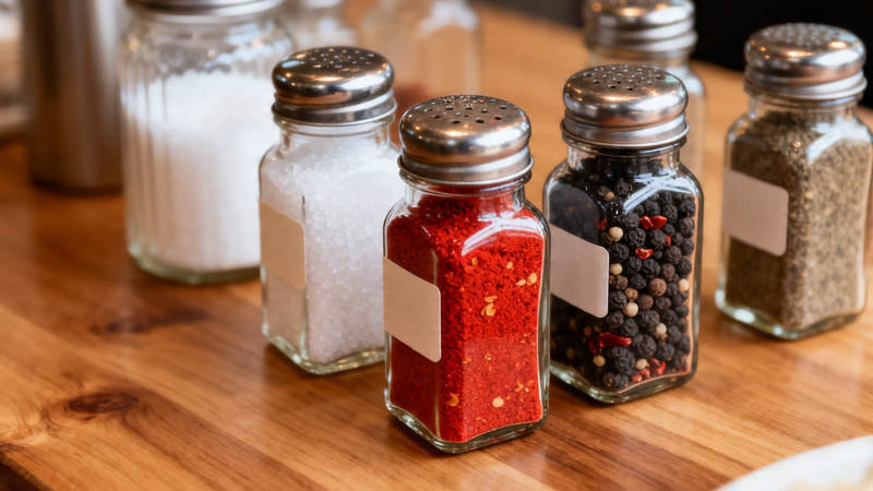 调味瓶整齐排列于木桌图片