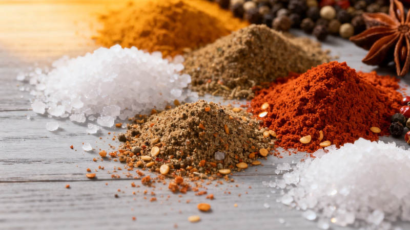 五彩香料堆叠木桌特写图片