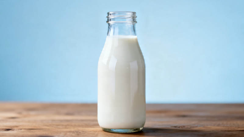 木桌上的牛奶瓶图片