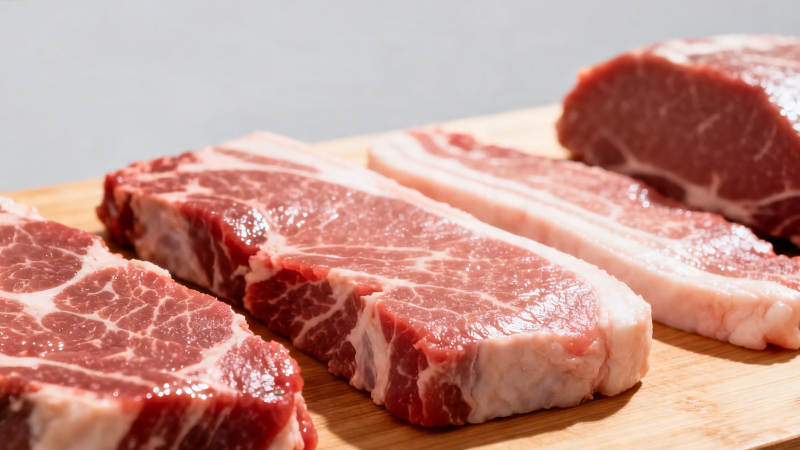 新鲜牛排整齐摆放在砧板上图片