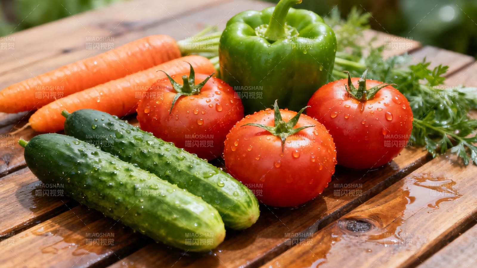 新鲜蔬菜摆木桌 水珠晶莹诱人鲜图片