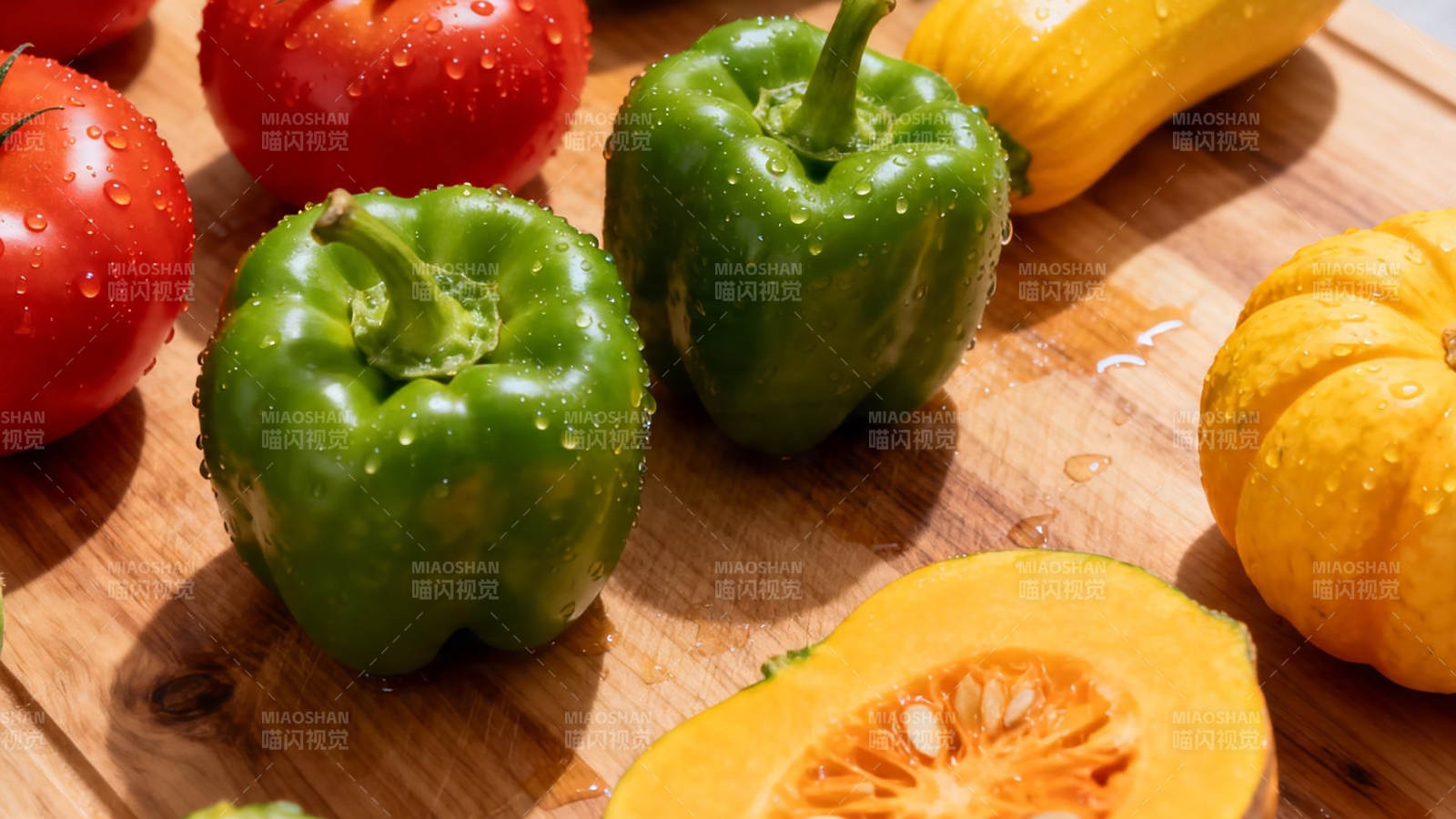 鲜蔬水珠亮 砧板色彩香图片