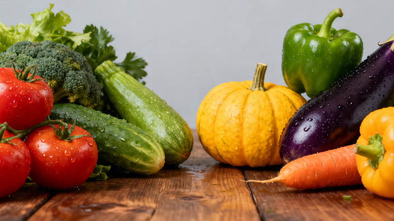 新鲜蔬菜摆满木桌图片