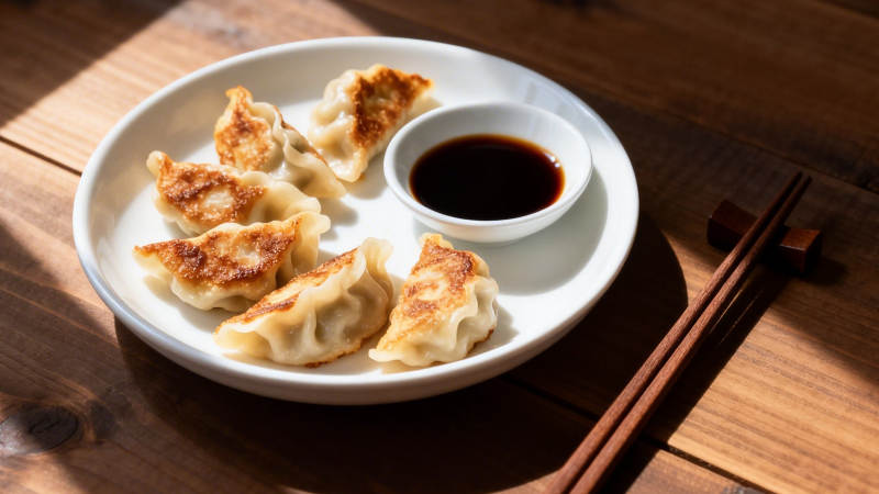 煎饺配酱油 木桌光影美图片