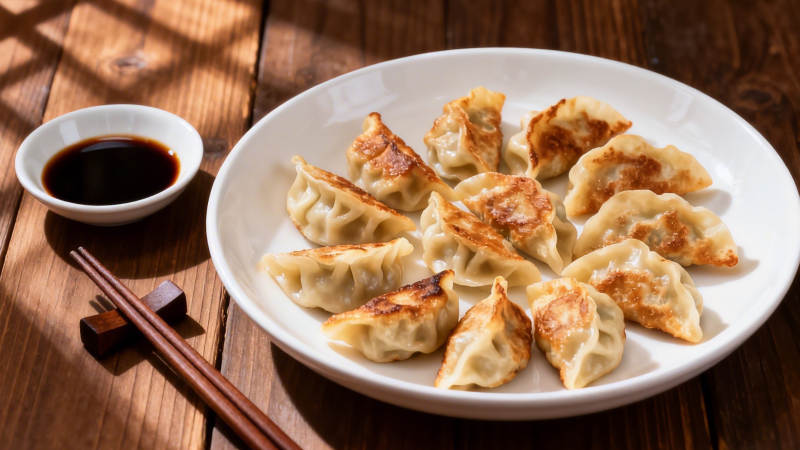 煎饺配酱油 木桌光影美图片