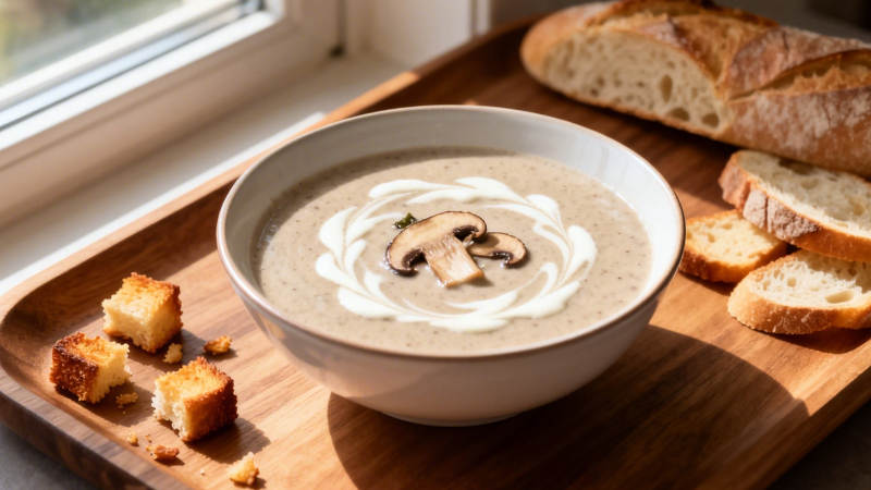 奶油蘑菇汤配面包丁图片
