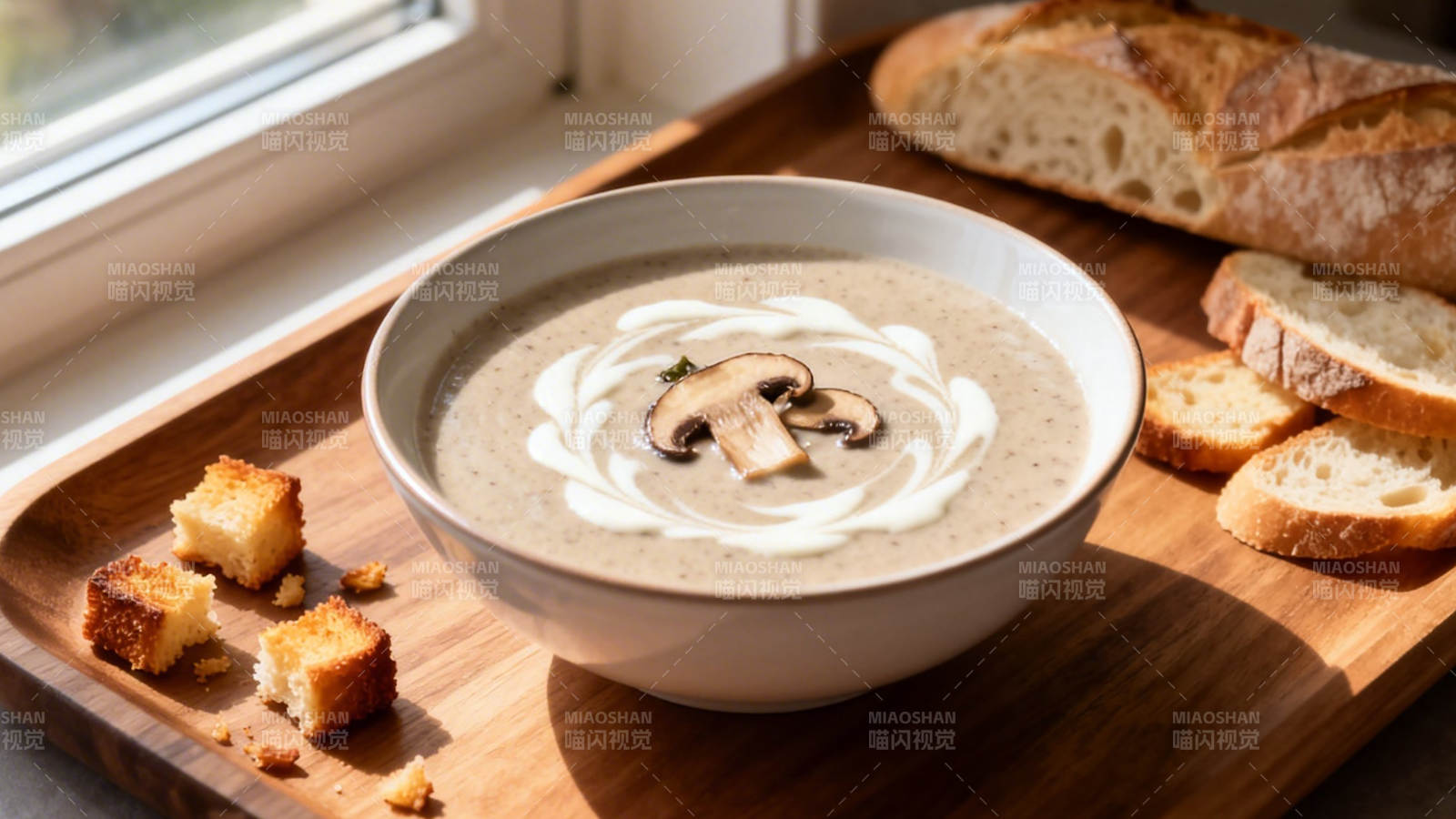 奶油蘑菇汤配面包丁图片