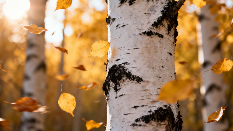 秋阳下的白桦与飞叶图片