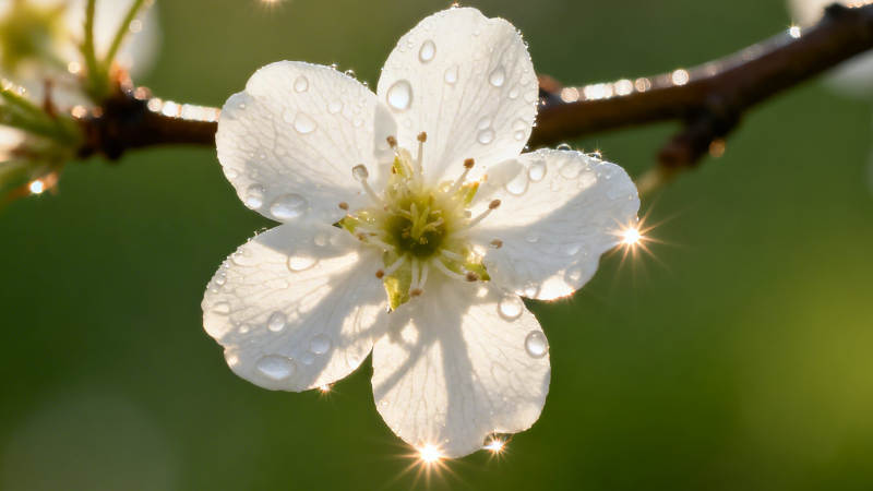 晨露白花 阳光闪烁枝头图片