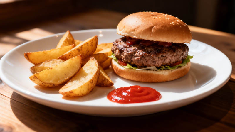 汉堡薯角配番茄酱图片