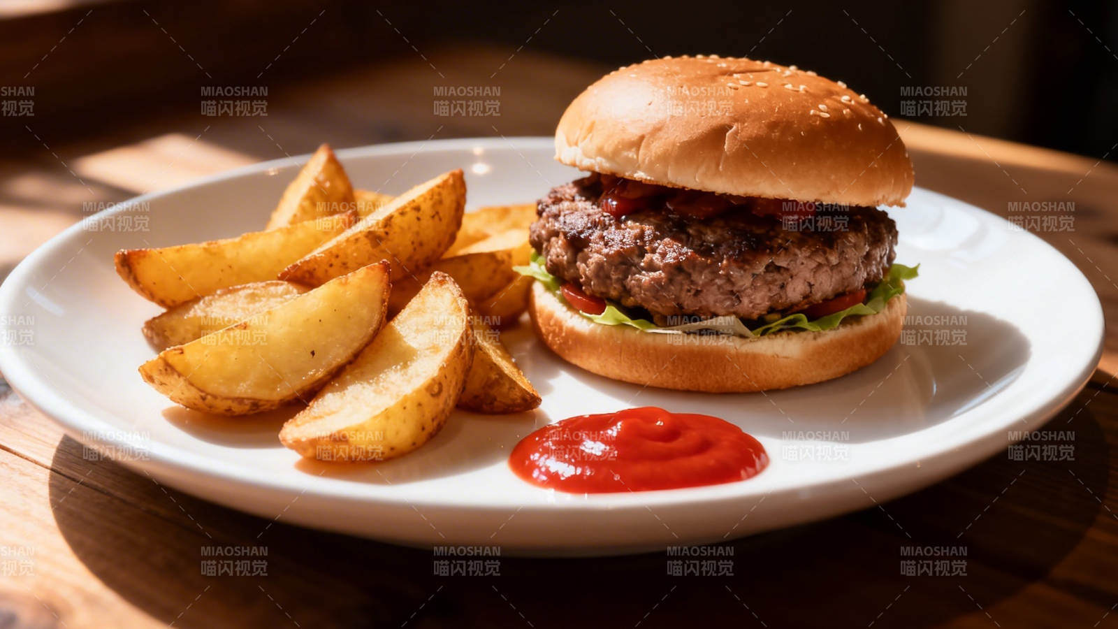 汉堡薯角配番茄酱图片