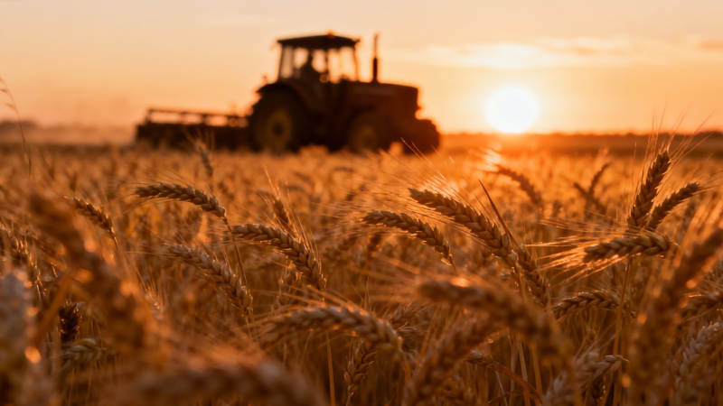 夕阳麦田 拖拉机归途图片