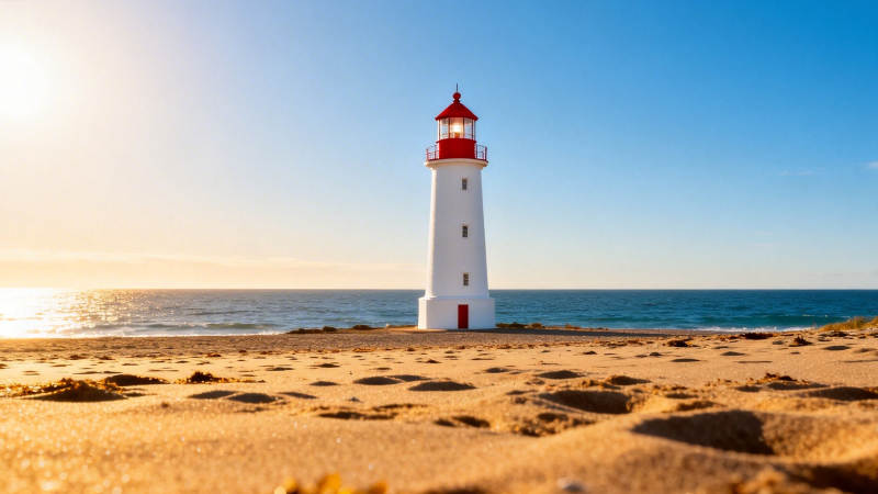 海边灯塔迎朝阳图片