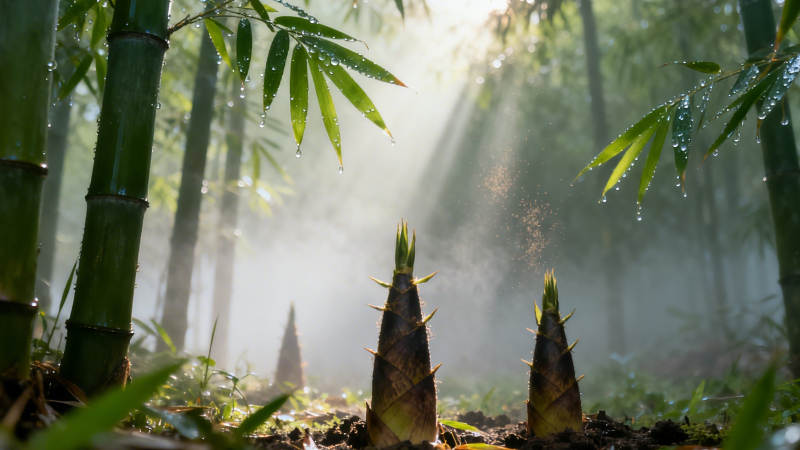 竹林晨雾 笋尖破土生图片