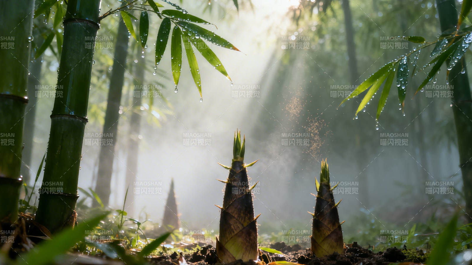 竹林晨雾 笋尖破土生图片