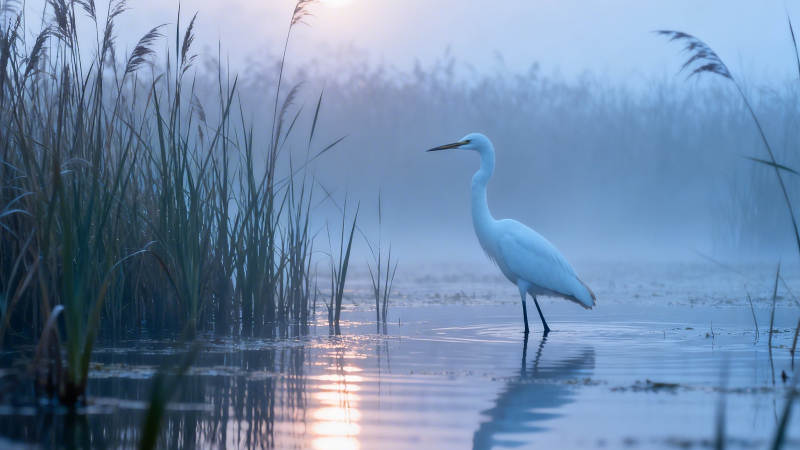 晨雾白鹭立水间图片