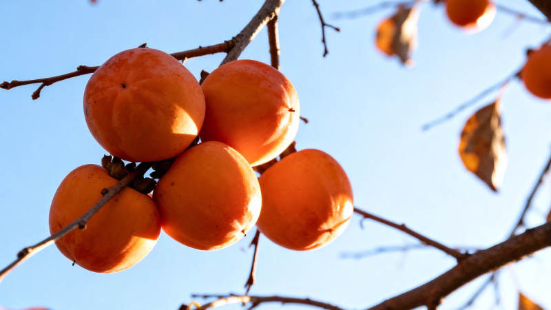 枝头柿子映蓝天图片