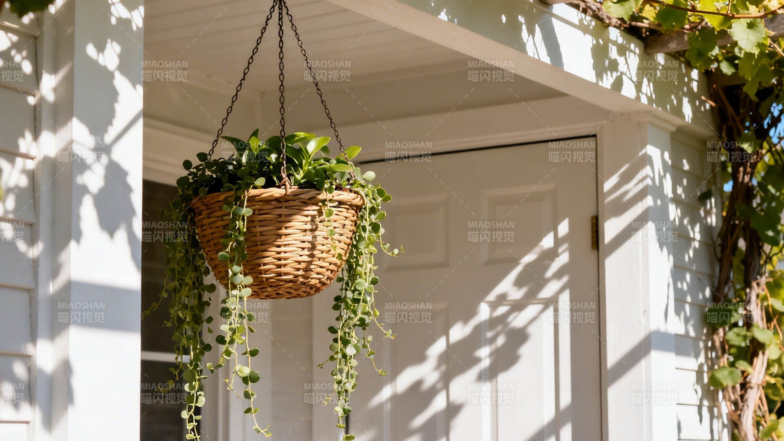 门前吊篮绿植迎阳光图片