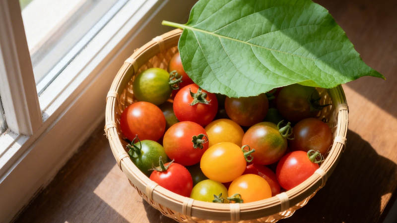 窗边篮中彩番茄图片