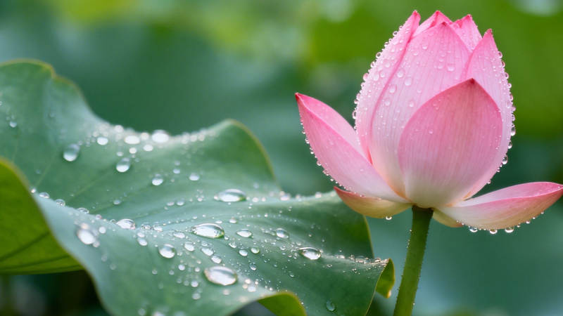 荷露轻滴 粉莲初绽图片